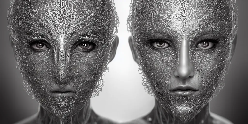 Image similar to hyper realistic photography of a stunningly beautiful cyborg male and woman, intimate, intricate filigree, in the style of beth cavener, jin kagetsu, and wlop, highly detailed, chrome face symmetry, masterpiece, award winning, sharp focus, concept art, high key, ambient lighting, 8 k, octane render,