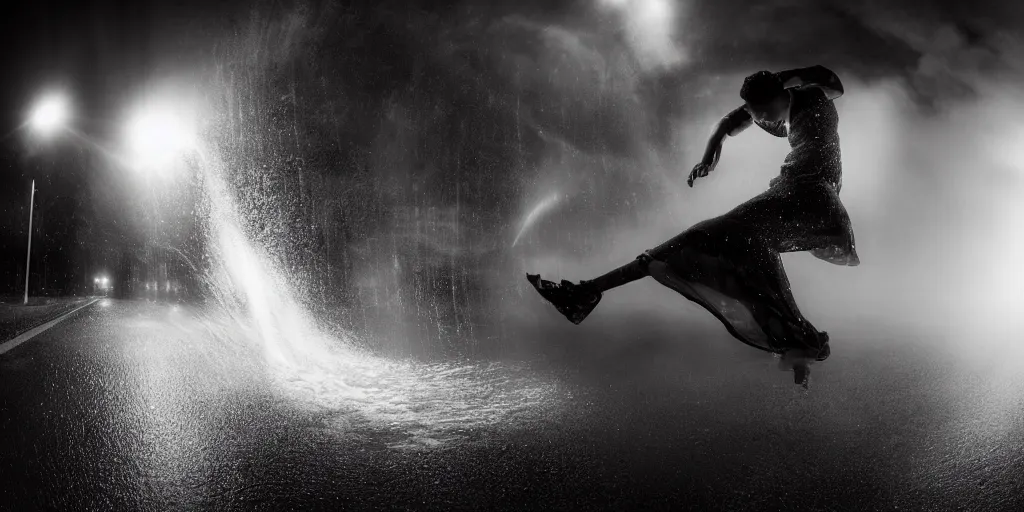 Image similar to fisheye lens slow motion with trail effect of futuristic break dancer wearing floating long dress, long exposure shot , at night in the middle of a rainy street, paddle of water, steam, fog, water splashes, rim lights, glossy reflections, water droplets on lens, octane render, dark and dramatic, explosion in the background, detailed and soft, fisheye lens, smooth, sharp focus, illustration, art by artgerm and greg rutkowski