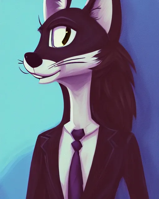 Image similar to full body oil painting of anthromorphic furry female wolf, in style of zootopia, female fursona, furry, furaffinity, 4 k, deviantart, furry art, fursona art, wearing black business suit, wearing black business suit, wolf fursona, female, very expressive detailed feminine face,