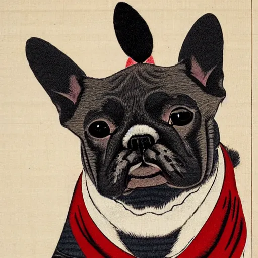 Prompt: Japanese woodblock print of a brindle French bulldog samurai