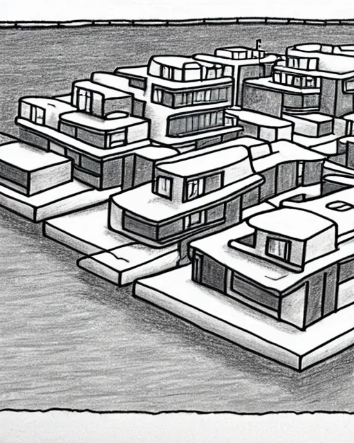 Image similar to a landscape drawing of habitat 6 7 in montreal, only it's in the simpsons tv show