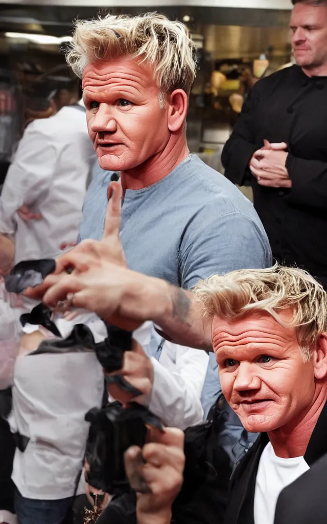 Image similar to gordon ramsay waiting in line at mcdonalds, high detailed sharp photo