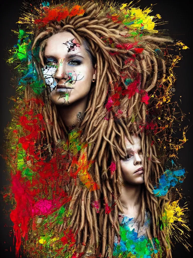 Image similar to a stunningly beautiful woman with blonde dreadlocks, in the style of artur bordalo, in a fractal environment