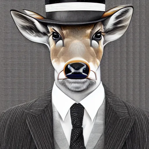 Prompt: a upper body portrait of a deer in a pinstriped suit and pants wearing a fedora with the antlers sticking out of the fedora by artgerm and wlop, intricate detail, digital art, photorealistic, trending on artstation