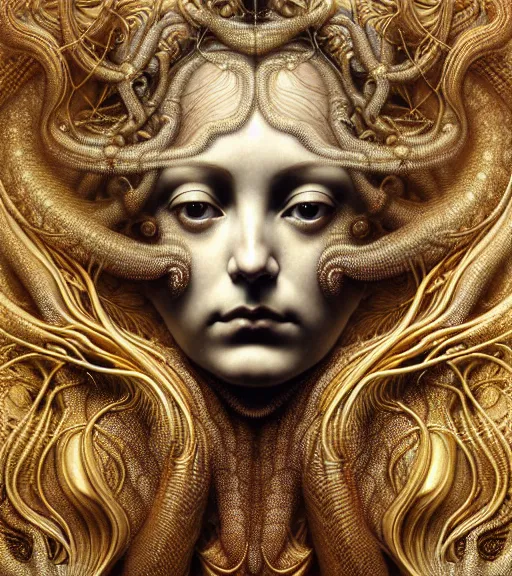 Image similar to detailed realistic beautiful gold goddess face portrait by jean delville, gustave dore, iris van herpen and marco mazzoni, art forms of nature by ernst haeckel, art nouveau, symbolist, visionary, gothic, neo - gothic, pre - raphaelite, fractal lace, intricate alien botanicals, biodiversity, surreality, hyperdetailed ultrasharp octane render