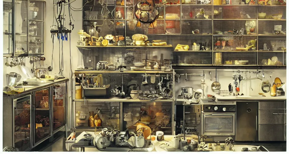 Image similar to IKEA catalogue photo of a cyberpunk kitchen on a spaceship, by Ravi Zupa