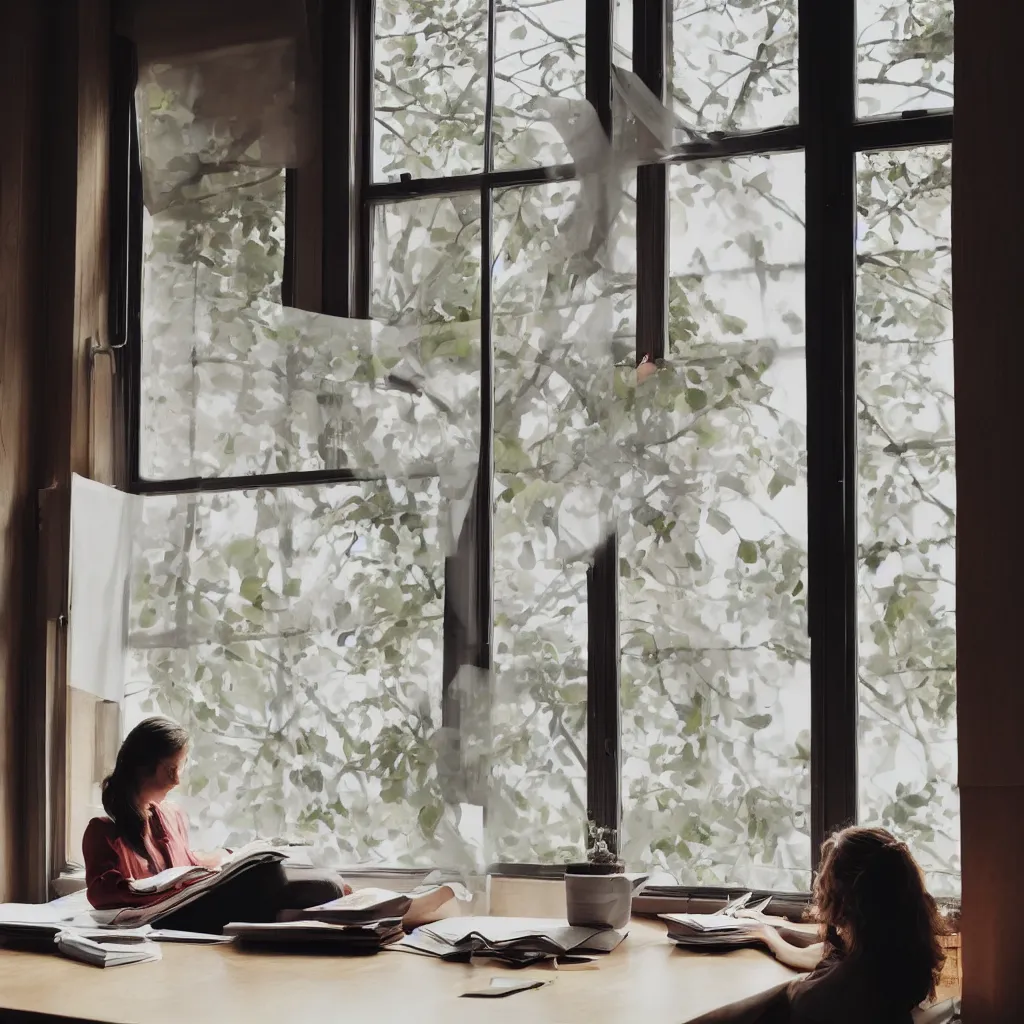 Image similar to a woman sitting a desk next to a window, reading a letter, warm, happy, sunlight