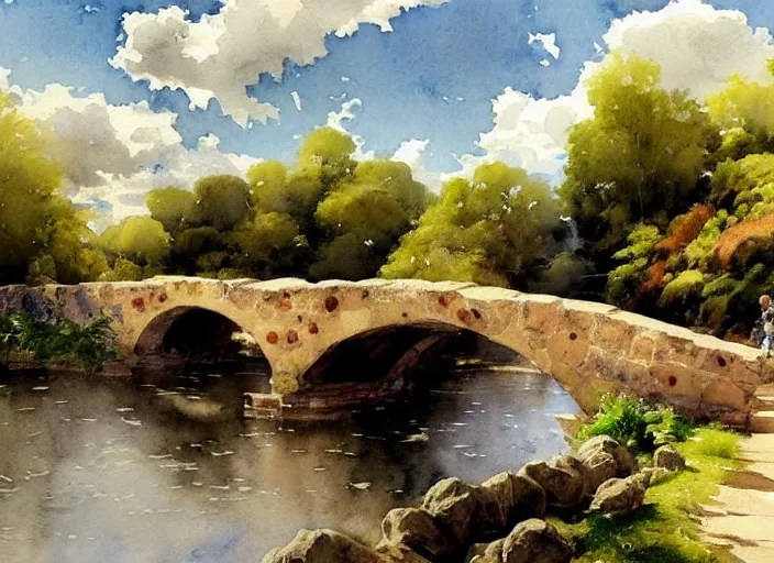 Image similar to watercolor of rustic stone bridge with mural, ivy, summer daylight, bright clear day, clouds, high detailed art by dennis miller bunker, work by anders zorn, wonderful masterpiece by greg rutkowski, beautiful cinematic light, american romanticism by greg manchess, creation by tyler edlin