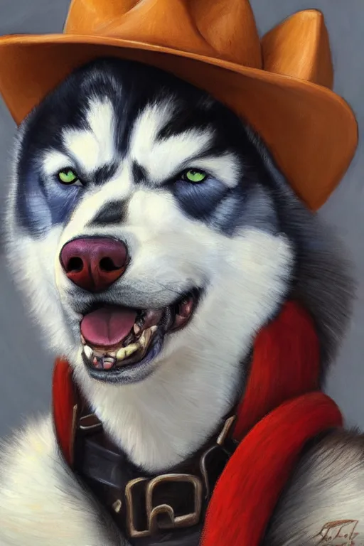 Image similar to a portrait painting of a husky in cowboy costume, anime, furry, humanoid, personify, anthropomorphic