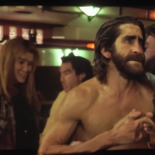 Image similar to cinestill of Jake Gyllenhaal fighting three men in a bar in the movie Road house