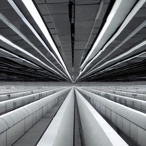 Prompt: a massive underground structure filled with identical cubicles, surreal,