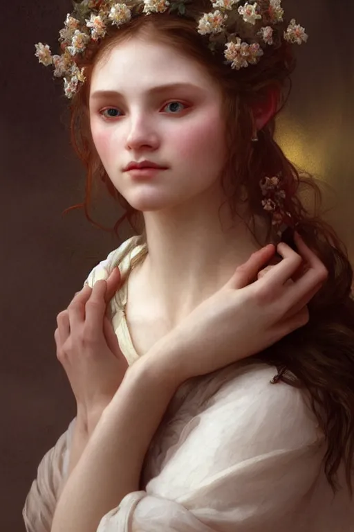 Image similar to Portrait of beautiful pale peasant girl, cinematic lighting, intricate, elegant, highly detailed, digital painting, artstation, smooth, sharp focus, illustration, art by artgerm and greg rutkowski and alphonse mucha and Wayne Barlowe and william-adolphe bouguereau