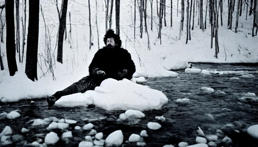 Prompt: 1 9 6 0 s movie still close up of marcus aurelius frozen to death, feets in a river, pine forests, cinestill 8 0 0 t 3 5 mm b & w, high quality, heavy grain, high detail, texture, dramatic light, anamorphic, hyperrealistic, foggy