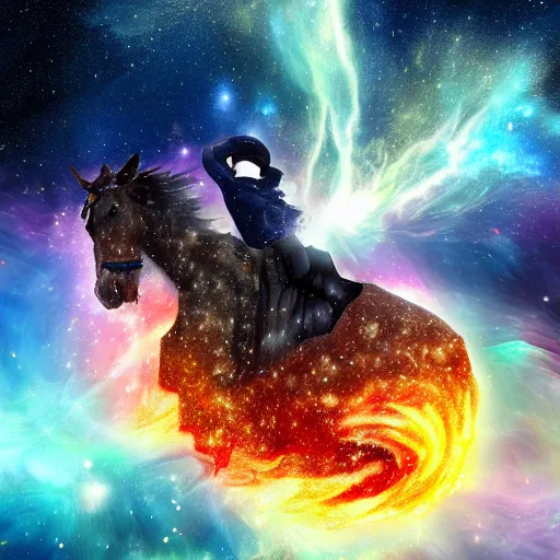 Image similar to a sandwich riding a horse in a explosion of a nebula, digital art