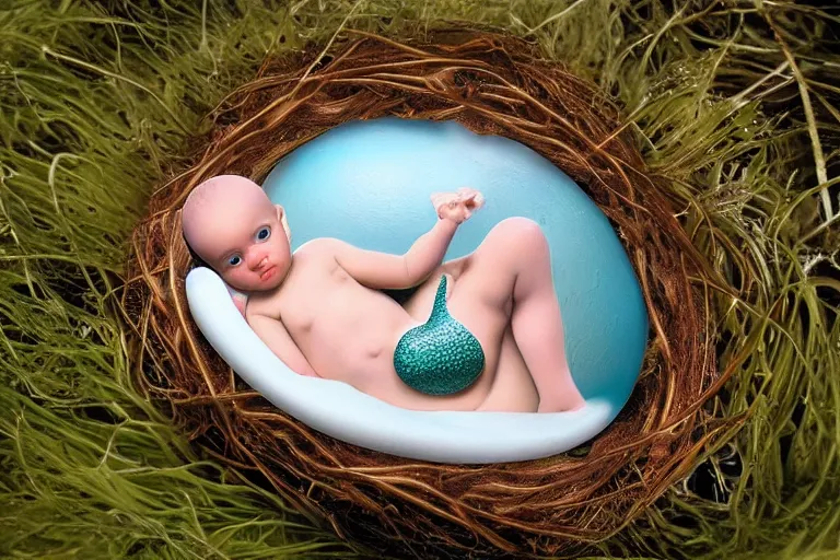 Image similar to a baby mermaid laying inside of an egg, photography, concept art, digital art, trending on artstation, 4 k, extremely detailed, realistic, photorealistic, anne geddes