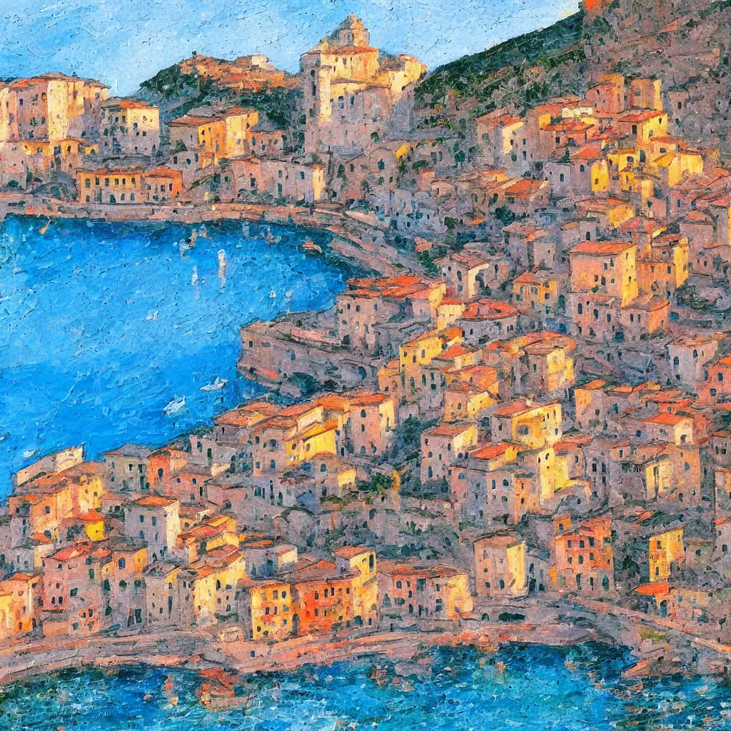 Prompt: ,Atrani Italy,thick heavy impasto,expressive impressionist style,painted with a palette knife