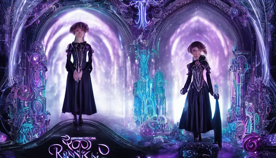 Image similar to Ethereal, mysterious stunning maximalist mesmerizing elven girl from the rainbow sky paradise in Tron: Legacy (2010), Victorian gothic lolita fashion, IMAX Cinematography by Roger Deakins, 4K