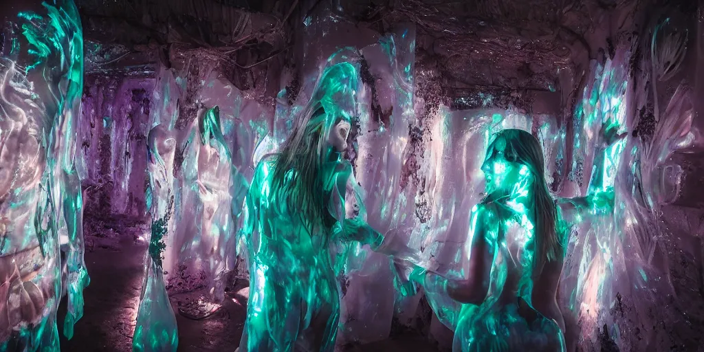 Image similar to love, translucent people with glowing body paint, from behind, rebirth, wide angle, cinematic atmosphere, elaborate, highly detailed, dramatic lighting