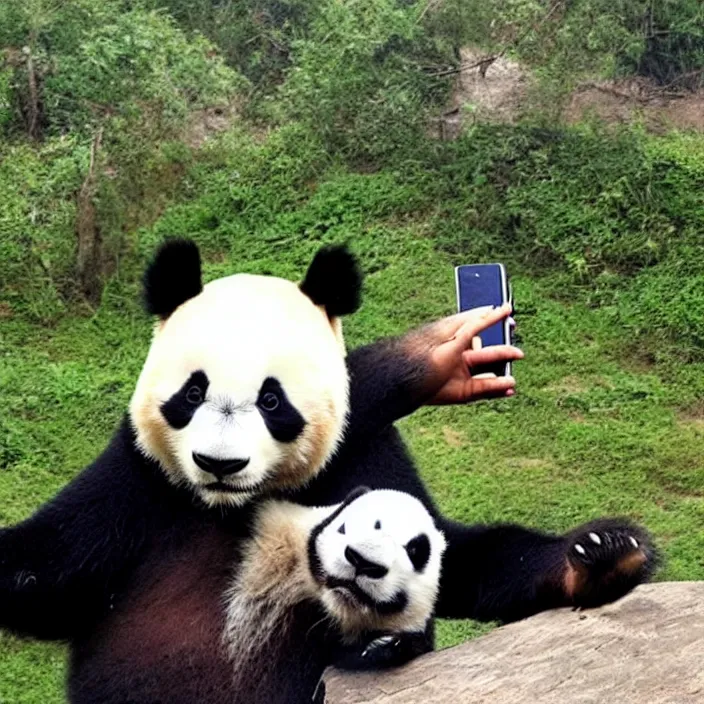 Prompt: a panda is taking a selfie with a smartphone