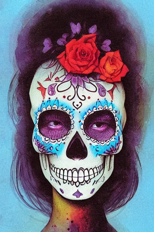 Prompt: Illustration of a sugar skull day of the dead girl, art by john harris