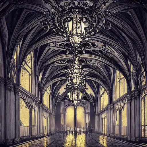 Image similar to large gothic hall with large chandeliers under the ceiling, horror movie, moonlight, artstation, detailed, colorfull, futuristic