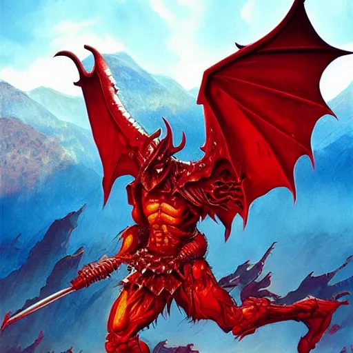 Image similar to am a naranbaatar ganbold, jean giraud, artgerm, man devil in armor made of iron and dragon bones, with hellish big beautiful red devil wings, height detailed body elements, against the background of mountains, ocean, battlefield