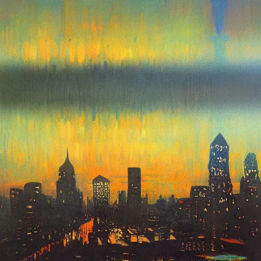 Prompt: impressionistic full - color painting of a distorted mirror reflecting a nightmarish boston downtown skyline in 1 9 2 5 at night with a horrifying sky, aerial view, dark, brooding, night, atmospheric, horror, cosmic, ultra - realistic, smooth, highly detailed by dave dorman