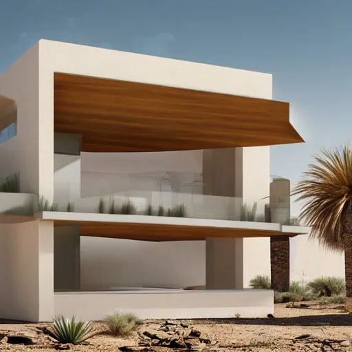 Prompt: architectural rendering of building in the desert, biophilia, naturalism, modern style