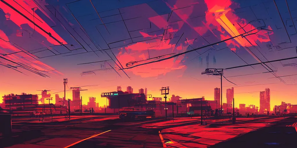 Prompt: brick buildings urban street neon futuristic cyberpunk vaporwave tron glow sunset clouds sky illustration by syd mead concept art