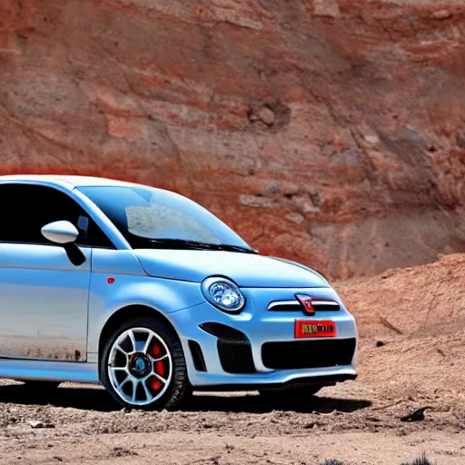 Prompt: a 2 0 1 0 abarth 5 0 0, abandoned in a desert