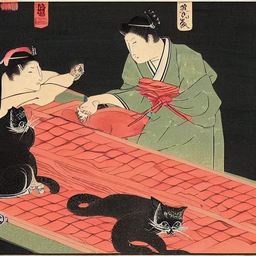 Prompt: angry japanese butcher slices meat next to \ two cute cats looking at him, vintage, painting by utamaro