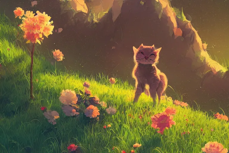 Image similar to a digital art of a cat standing on the top of the hill with flowers around in the afternoon, sunshine, cute, illustration, animal, light effect, highly detailed, by anton fadeev