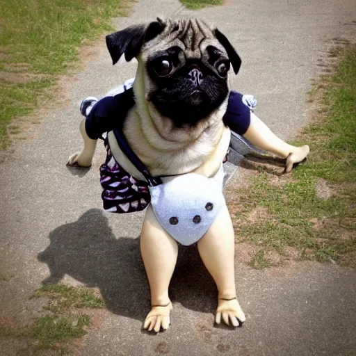 Image similar to a pug with human legs, photo