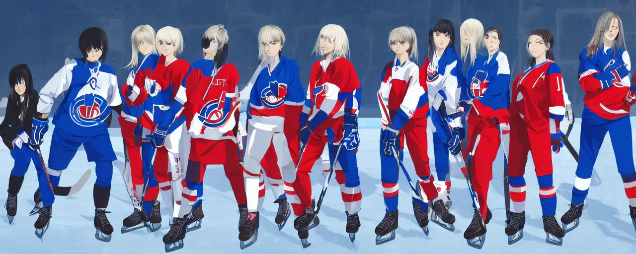 Image similar to females akira anime ice hockey players, wearing a light futuristic suit, habs and nordiques jerseys, blue white and red color blocking, character concept exploration, outfit designs, trending on artstation, photorealistic, 8k, background of vast ice rink tv crews and crazy crowd