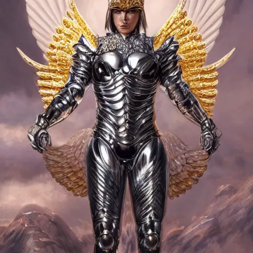 Image similar to a beautiful muscular male angel wearing a silver chrome armor with golden ornaments and diamonds jewelry by alex gray and android jones, karol bak, ayami kojima, amano, concept art, character design, fantasy, 3 d, 8 k resolution