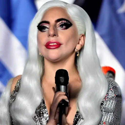 Image similar to Lady Gaga as president, Argentina presidential rally, Argentine flags behind, bokeh, giving a speech, detailed face, Argentina