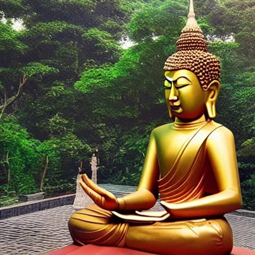 Image similar to a 4 k photorealistic buddha sculpture in thailand with headphones eyes closed