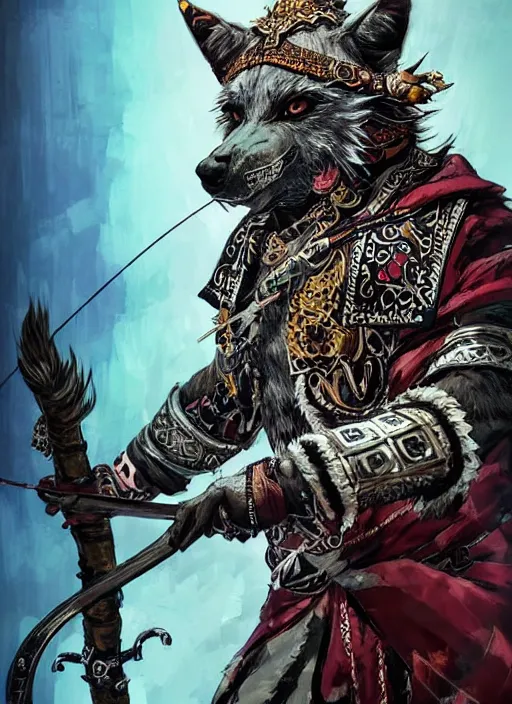 Prompt: Full body portrait of a old gnoll archer in ornate robe with white fur, emanating menacing aura, vibrant colours, chosen by the god, ornate. In style of Yoji Shinkawa and Hyung-tae Kim, trending on ArtStation, dark fantasy, great composition, concept art, highly detailed, dynamic pose.