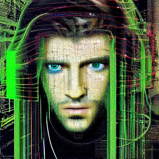 Image similar to hyperrealistic portrait of a cyberpunk man, teenager, long hair, immersed within a network, glitch eyes, by Guy Denning, Johannes Itten, Derek Gores, Russ Mills, glitch art, smooth lines, fine detail, polished, complex, hacking effects, holographic, digital tech effects, green, color blocking!, realistic, acrylic on canvas, concept art, abstract!, symmetrical, 8k, concept art, octane, photorealistic, cgsociety, trending on artstation