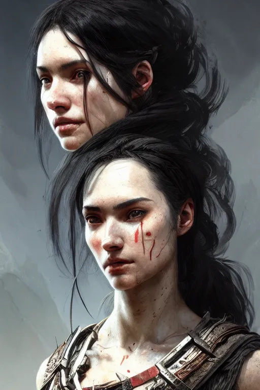 Image similar to portrait of a black haired woman in the style of god of war, rugged torn clothes, intricate, elegant, highly detailed, digital painting, artstation, concept art, smooth, sharp focus, illustration, art by artgerm and greg rutkowski and alphonse mucha, 8 k