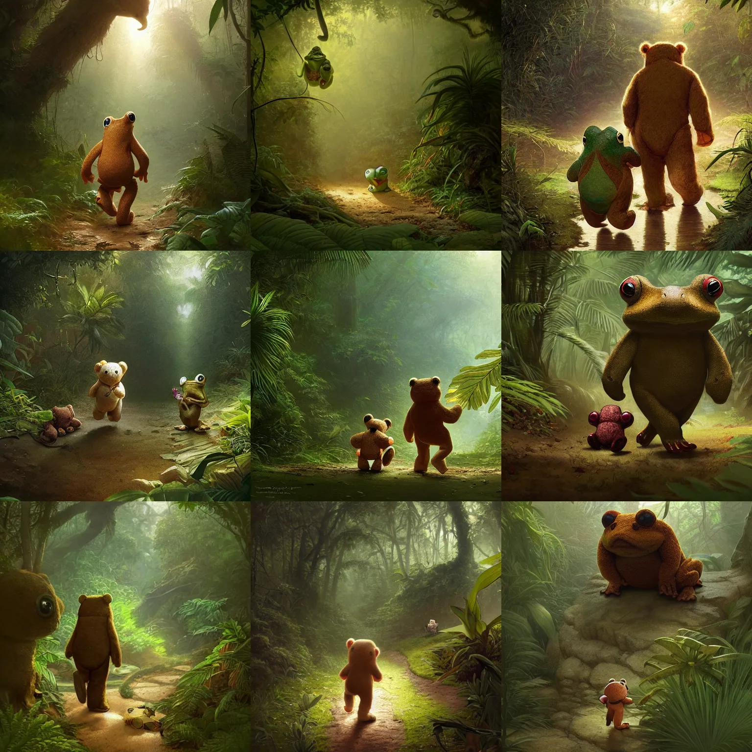 Prompt: a plush frog and a teddy bear walking down a jungle path, light mood, intricate, highly detailed, artstation, illustration, jurgens, rutkowski, bouguereau