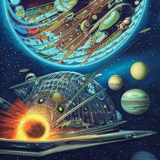 Prompt: spaceship convoy leaving the solar system through a wormhole, illustrated, artwork by Maria Sibylla Merian + Dan mumford + peter mohrbacher