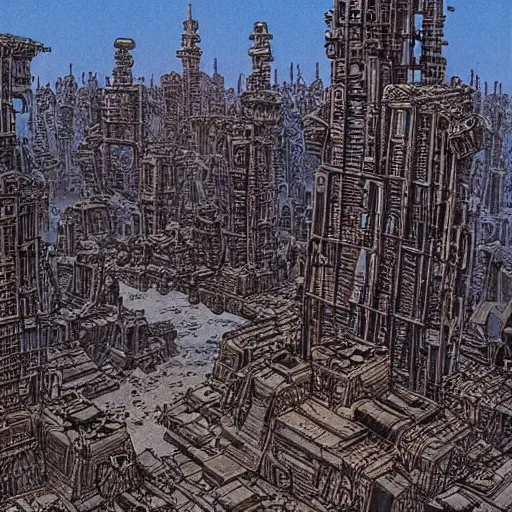 Image similar to an ancient destroyed futuristic city by Moebius, intricately detailed