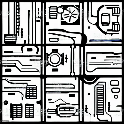 Image similar to futuristic mechanical panel lines, vector art style, black and white, front view