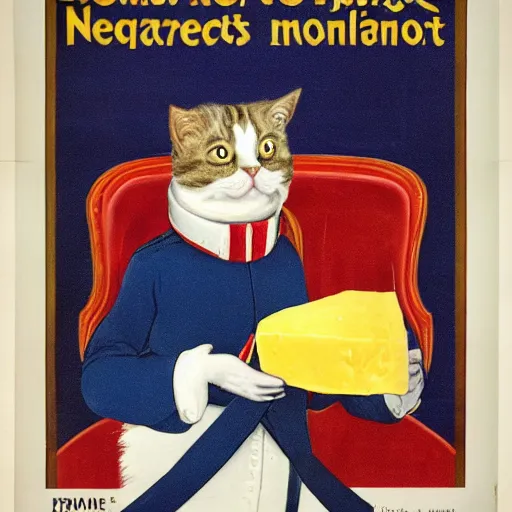 Image similar to a propaganda poster depicting a cat dressed as French emperor Napoleon holding a piece of cheese