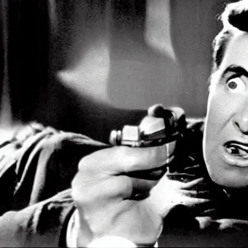 Image similar to scene from the horror picture show with james stewart!!!! james stewart!!!! is acting surprised and holds a revolver