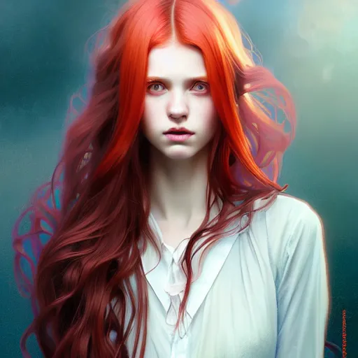 Image similar to portrait of teenage girl with long glossy red hair, blue eyes, glowing skin, fashion model features, fantasy, intricate, elegant, dress shirt and tie, highly detailed, digital painting, artstation, concept art, smooth, sharp focus, illustration, art by Krenz Cushart and Artem Demura and alphonse mucha
