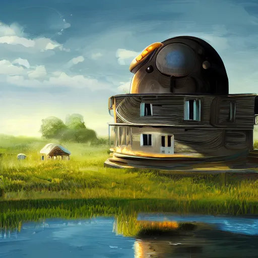 Prompt: round sci-fi building next to a river and houses, sense of hope, daytime, bright sky, digital art, art station, extremely detailed