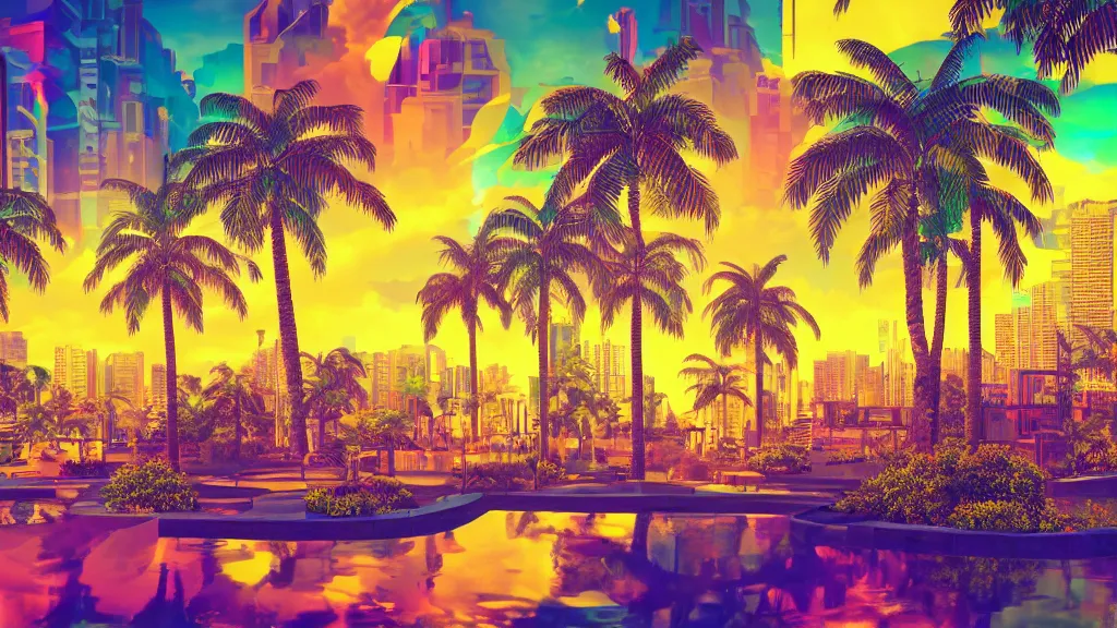 Image similar to golden city in a vaporwave jungle, 4k, ultra realistic, colorful, award winning photograph