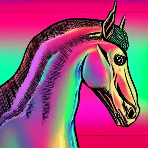 Image similar to completely digital horse, retrowave palette, highly detailed, anatomically correct equine, synth feel, digital art